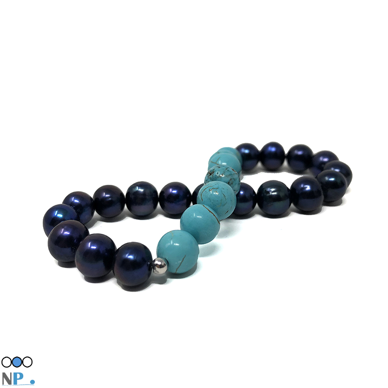 Bracelet de gemmes authentiques Perles de culture bleues nuit et Turquoises du Perou avec Billes en Or 18 carats